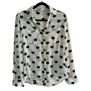 Women’s Express Long Sleeve Blouse Black Cat Kitten Feline Print S/P